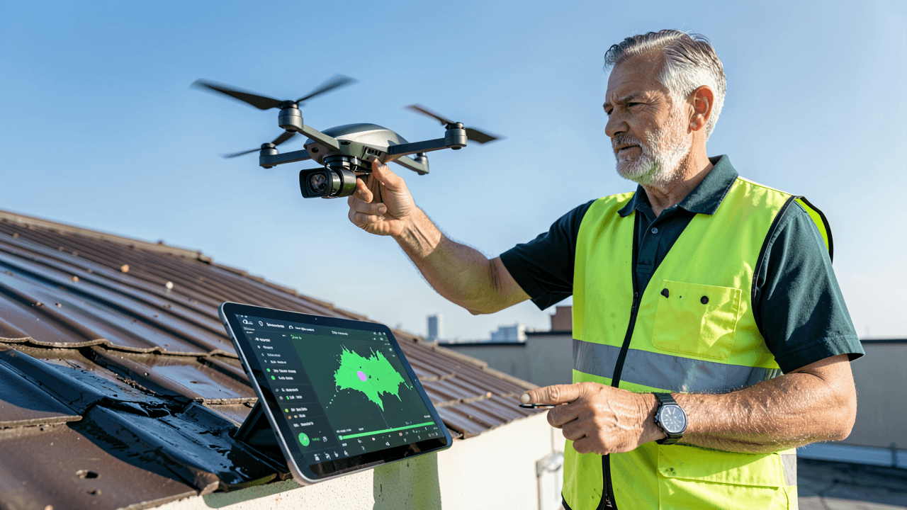 Veteran technician using drone to assess water damage on a roof