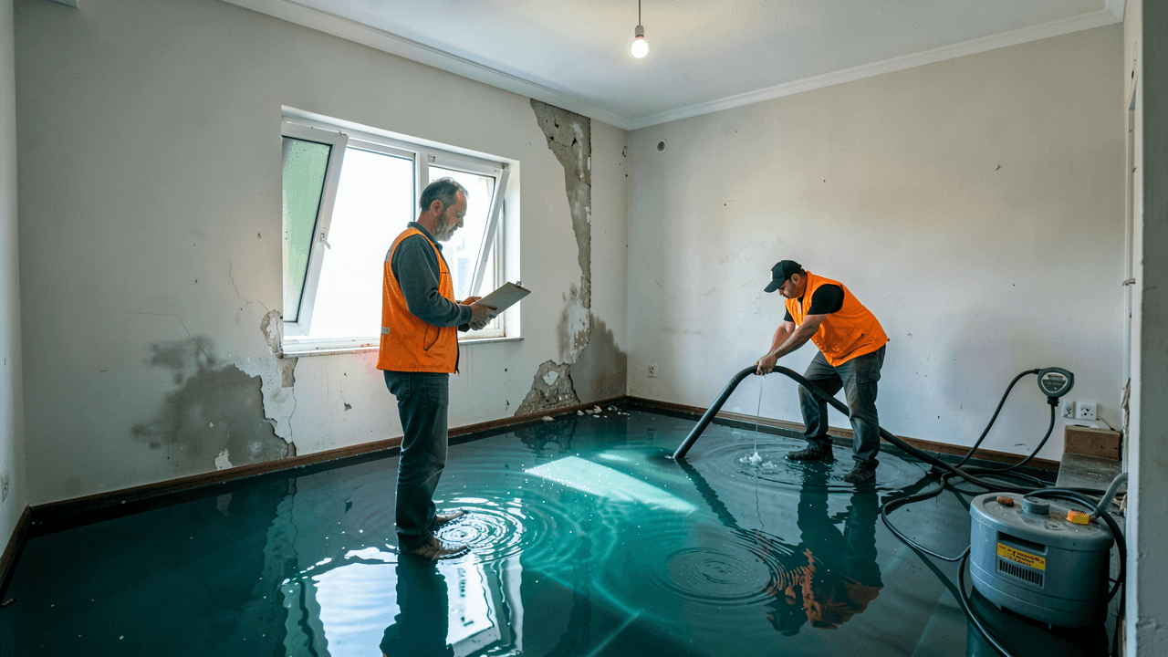 A homeowner standing in a flooded basement with a restoration crew in the background