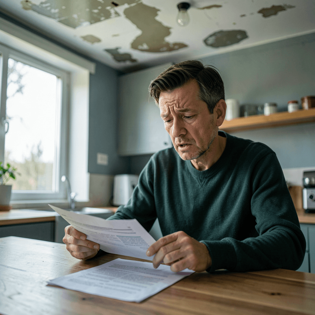 Homeowner reviewing insurance documents with water damage visible