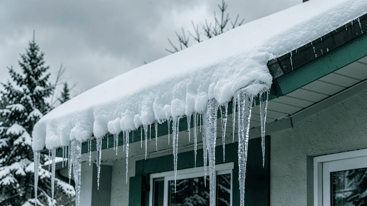 Roof covered in thick ice after winter storm