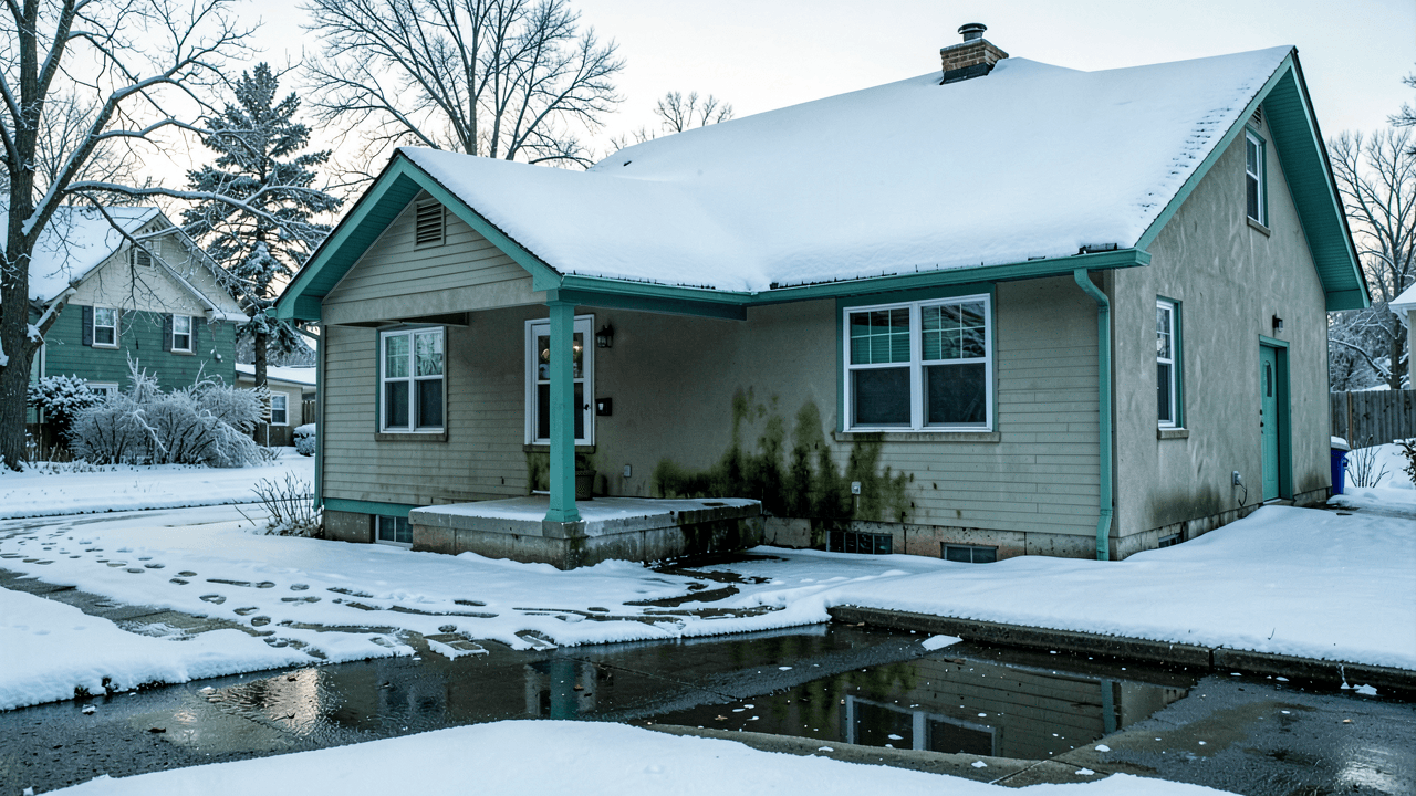 Snow-covered Michigan road with water seepage in a residential driveway