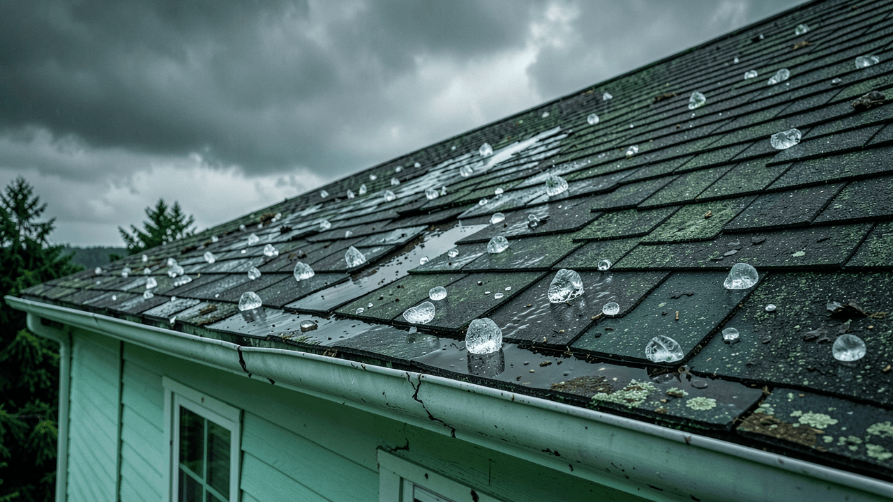 Roof of a Midwest home shattered by large hailstones, water pooling on shingles