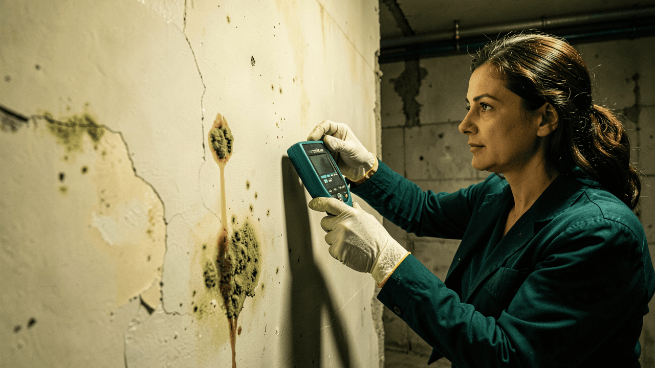A homeowner inspecting mold-infested drywall with a moisture meter in a dimly lit basement
