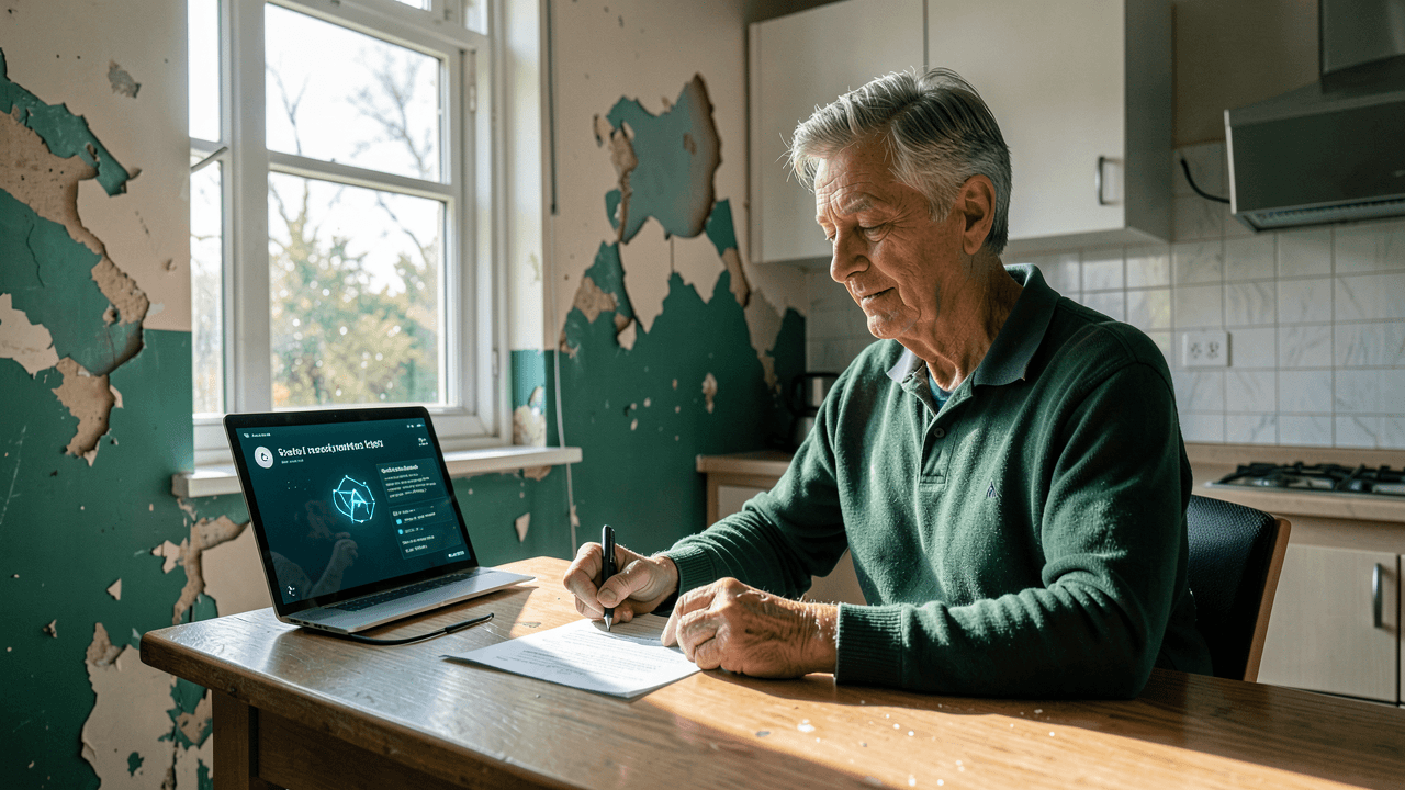 A homeowner reviewing water damage insurance paperwork in a bright, well‑lit living room