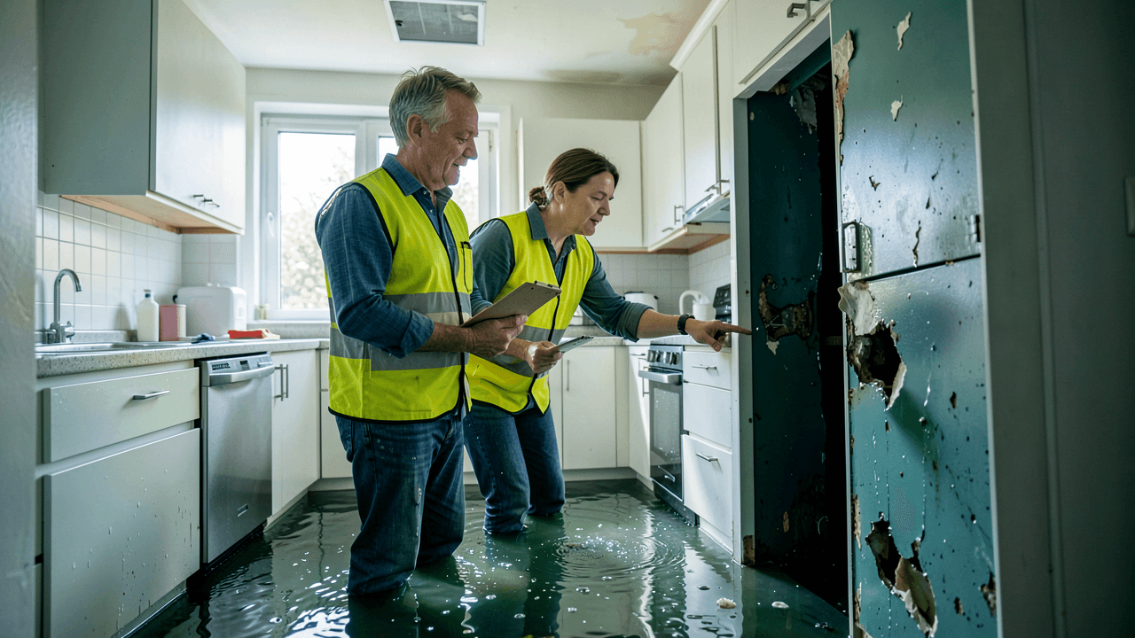 A homeowner inspecting water damage in a kitchen while a contractor discusses restoration plans