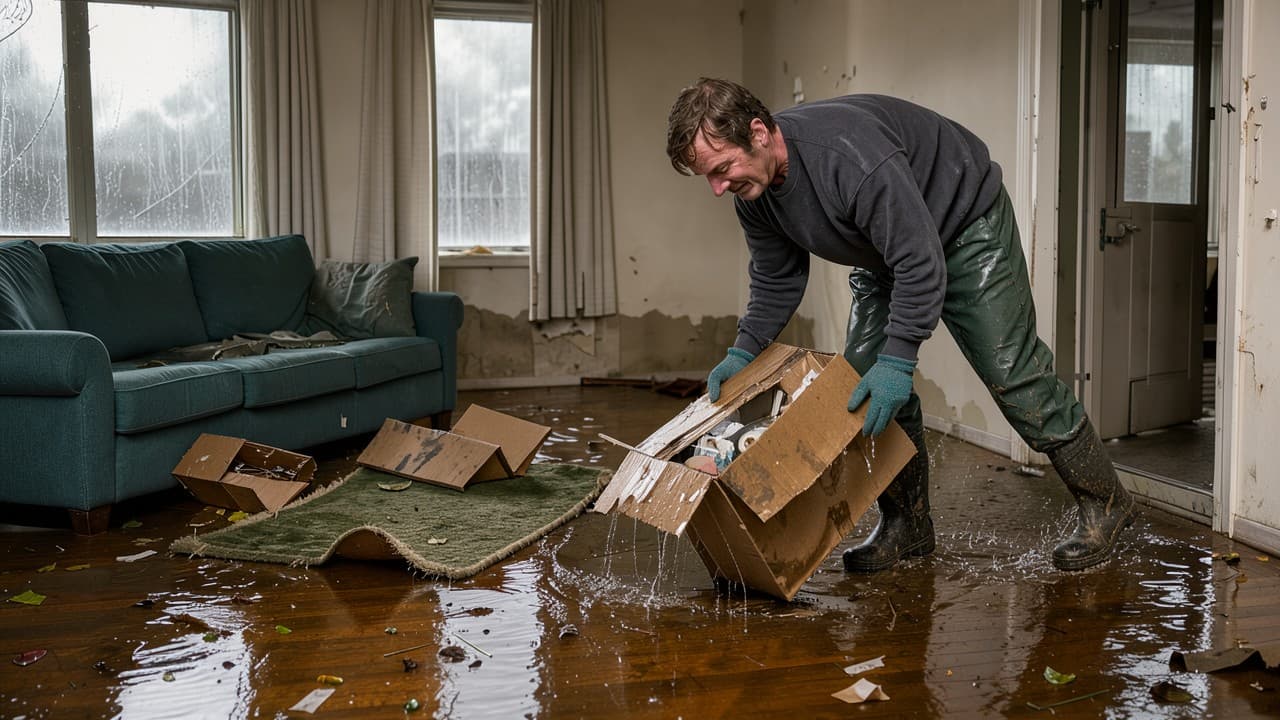 Homeowner in rubber boots standing in a flooded living room with soaked boxes and furniture after a storm.